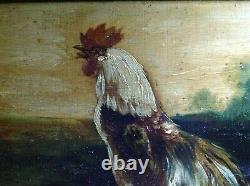 Tableau ancien huile sur bois Le chant du Coq