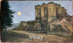 Tableau ancien paysage avec chateau initiales LL Symbolisme