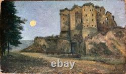 Tableau ancien paysage avec chateau initiales LL Symbolisme