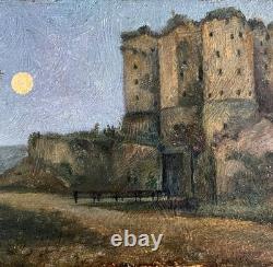 Tableau ancien paysage avec chateau initiales LL Symbolisme