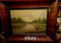 Tableau ancien paysage de campagne eau Barbizon huile 19° double face