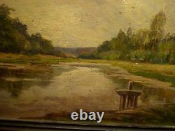 Tableau ancien paysage de campagne eau Barbizon huile 19° double face