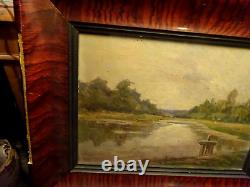 Tableau ancien paysage de campagne eau Barbizon huile 19° double face