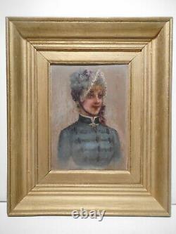 Tableau ancien peinture 19 siècle portrait buste jeune femme costume chapeau