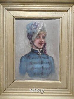 Tableau ancien peinture 19 siècle portrait buste jeune femme costume chapeau
