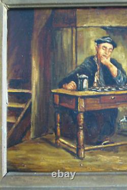Tableau ancien scène de taverne les joueurs XVIIIe huile/acajou école du Nord