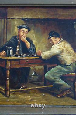 Tableau ancien scène de taverne les joueurs XVIIIe huile/acajou école du Nord
