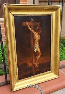 Tableau ancien signé Le Christ sur la Croix Peinture huile sur panneau de bois