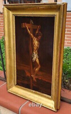 Tableau ancien signé Le Christ sur la Croix Peinture huile sur panneau de bois