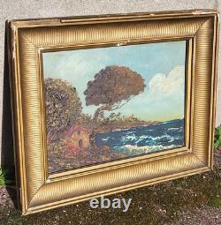 Tableau ancien signé. Paysage Marin. Peinture huile sur panneau de bois