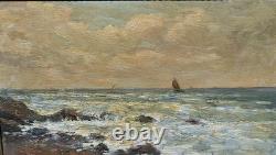 Tableau ancien signé. Paysage Marin. Peinture huile sur panneau de bois