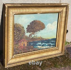 Tableau ancien signé. Paysage Marin. Peinture huile sur panneau de bois