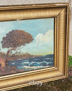 Tableau ancien signé. Paysage Marin. Peinture huile sur panneau de bois