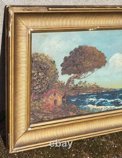 Tableau ancien signé. Paysage Marin. Peinture huile sur panneau de bois