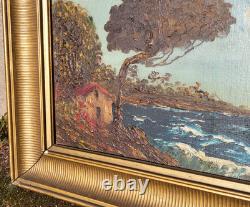Tableau ancien signé. Paysage Marin. Peinture huile sur panneau de bois
