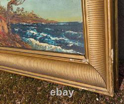 Tableau ancien signé. Paysage Marin. Peinture huile sur panneau de bois