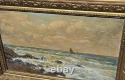 Tableau ancien signé. Paysage Marin. Peinture huile sur panneau de bois