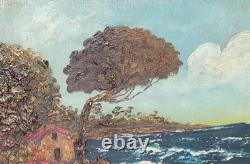 Tableau ancien signé. Paysage Marin. Peinture huile sur panneau de bois