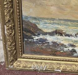 Tableau ancien signé. Paysage Marin. Peinture huile sur panneau de bois
