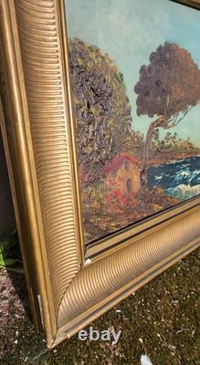 Tableau ancien signé. Paysage Marin. Peinture huile sur panneau de bois