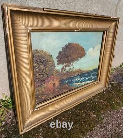 Tableau ancien signé. Paysage Marin. Peinture huile sur panneau de bois