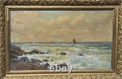 Tableau ancien signé. Paysage Marin. Peinture huile sur panneau de bois