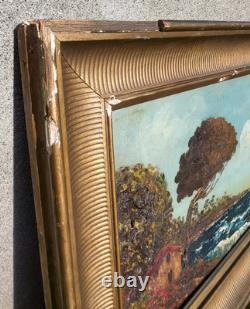 Tableau ancien signé. Paysage Marin. Peinture huile sur panneau de bois