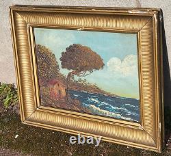Tableau ancien signé. Paysage Marin. Peinture huile sur panneau de bois