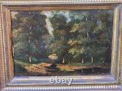 Tableau ancien signé. Paysage Sous Bois. Peinture huile sur panneau de bois