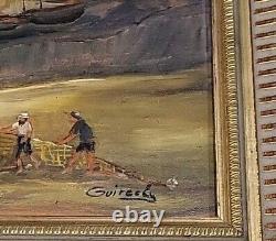 Tableau ancien signé. Scène Bord De Mer. Peinture huile sur panneau de bois