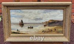 Tableau ancien signé. Scène Bord De Mer. Peinture huile sur panneau de bois