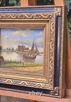 Tableau ancien signée Bord du Lac Animé Peinture huile sur panneau de bois