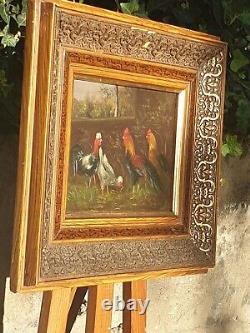 Tableau ancien signée poulailler coq poules Peinture huile sur panneau bois