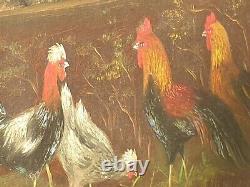 Tableau ancien signée poulailler coq poules Peinture huile sur panneau bois