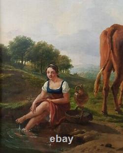 Tableau belge panneau VERBOECKHOVEN taureau bergère peintre animalier 19e