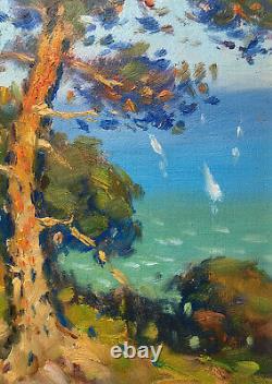 Tableau de Louis SOLA (1928-2011) Marine bord de mer aux pins