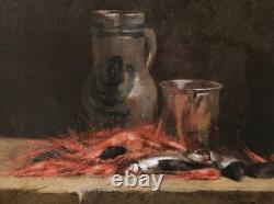 Tableau encadré huile nature morte crevettes sardines cidre Léon Gustave RAVANNE