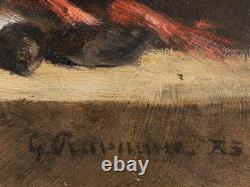 Tableau encadré huile nature morte crevettes sardines cidre Léon Gustave RAVANNE