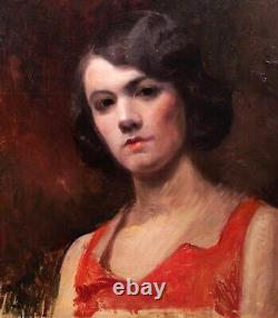 Tableau encadré portrait jeune femme brune robe rouge vieille dame double face