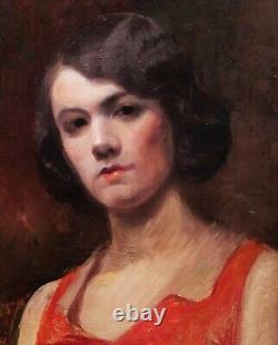 Tableau encadré portrait jeune femme brune robe rouge vieille dame double face