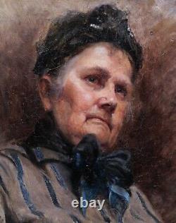 Tableau encadré portrait jeune femme brune robe rouge vieille dame double face