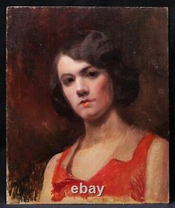 Tableau encadré portrait jeune femme brune robe rouge vieille dame double face