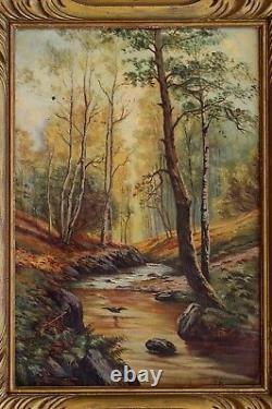 Tableau fin 19ème Brunelet sous bois et rivière