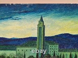 Tableau huile panneau bois paysage fantastique montagne palais Didier Richard