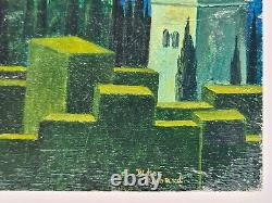 Tableau huile panneau bois paysage fantastique montagne palais Didier Richard
