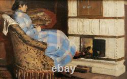 Tableau huile panneau femme poêle scène d'intérieur intimiste 19ème siècle XIXè