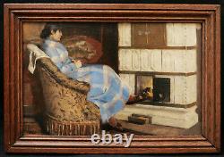 Tableau huile panneau femme poêle scène d'intérieur intimiste 19ème siècle XIXè