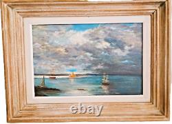 Tableau huile sur bois Marine voiliers et far signé Van-Erch haut 33.5 larg 45 p