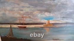 Tableau huile sur bois Marine voiliers et far signé Van-Erch haut 33.5 larg 45 p