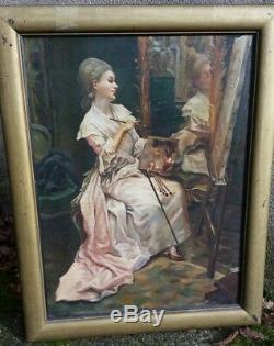 Tableau huile sur bois autoportrait femme peintre artiste dans son atelier